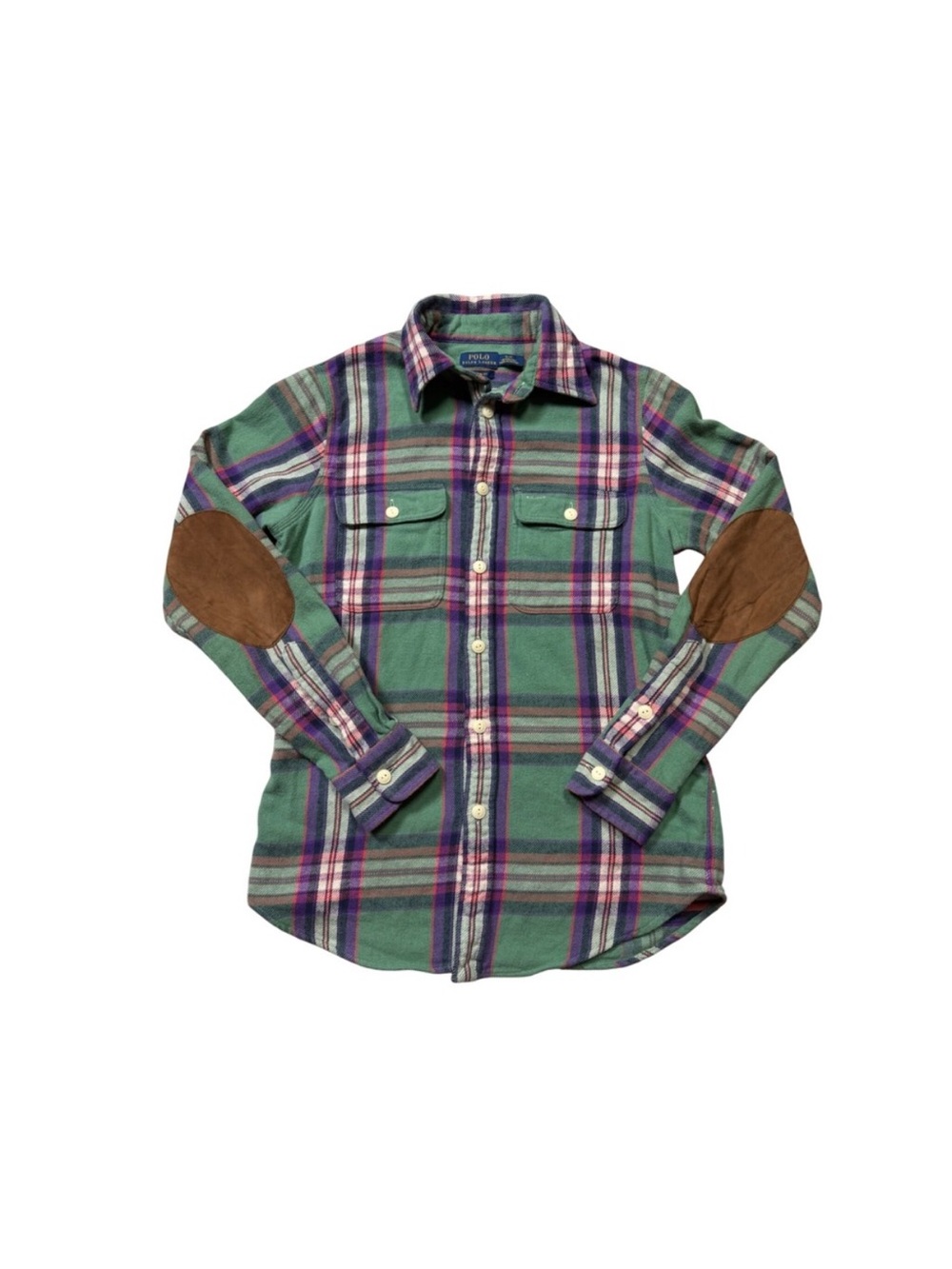 Polo by Ralph Lauren Green Plaid Button-Up Shirt with Brown Elbow Patches